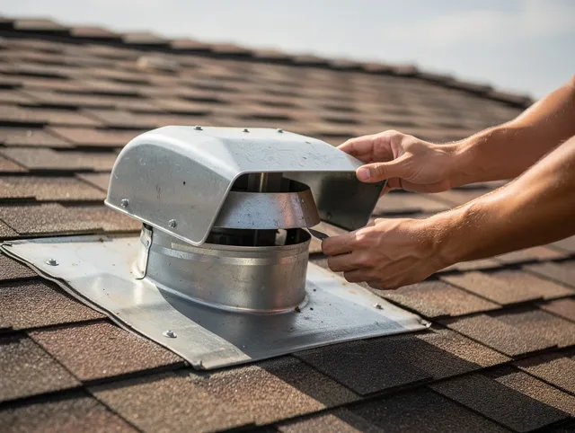 Hilliard Dryer Vent Cleaning certified technician safely cleaning a roof-mounted dryer vent in Hilliard